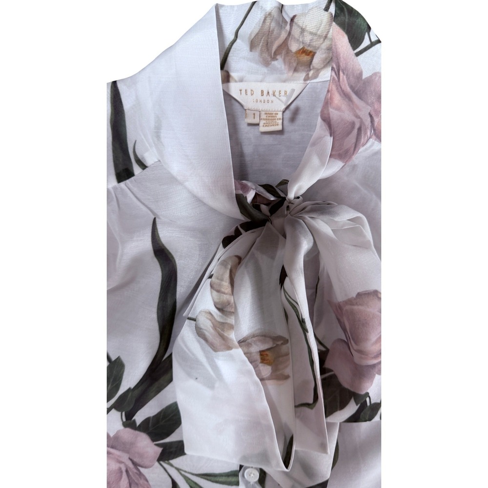 Ted Baker London Floral Tie Bow Blouse White Pink Tulip Print Tie Neck Size 1 - Picture 3 of 6